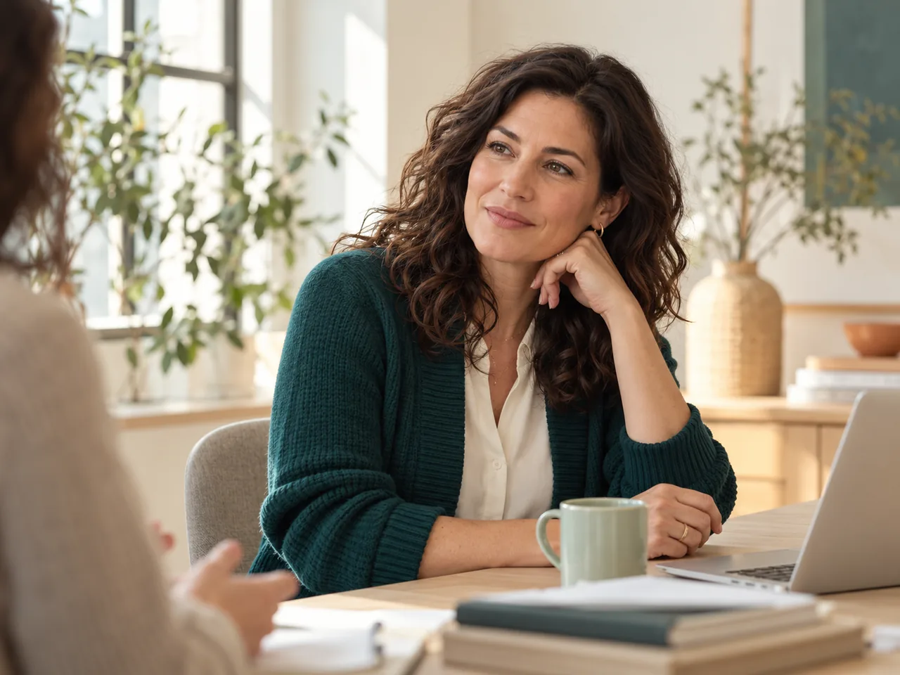 AI-generated scene of a fictional HR professional listening to a colleague in a warm, light-filled office.